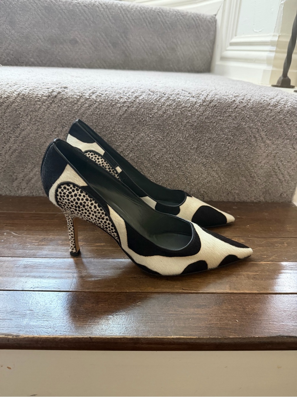 Manolo Blahnik Pony Hair Black and White Patterned Pointed Toe Pumps